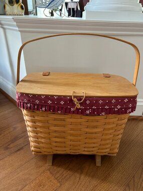 1996 Longaberger Footed Sewing Basket with Burgundy Liner